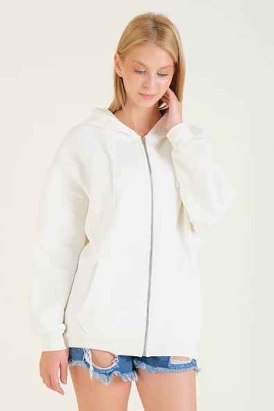 Kadın 3 İp Şardonlu Kapüşonlu Fermuarlı Oversize Sweatshirt Ekru - 4