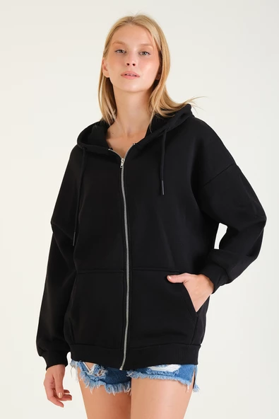 Kadın 3 İp Şardonlu Kapüşonlu Fermuarlı Oversize Sweatshirt Siyah - 3