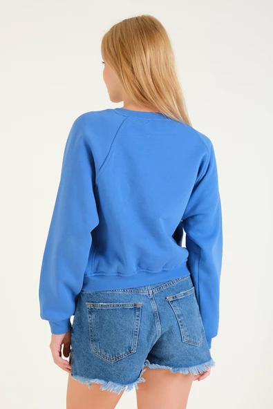 Kadın 3 İp Şardonlu Sıfır Yaka Oversize Sweatshirt Mavi - 6