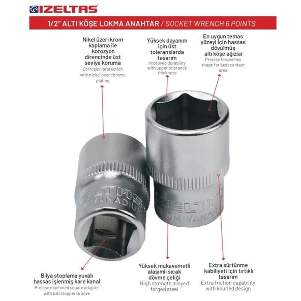 İzeltaş 12 mm. 1/2" Altıköşe Lokma Anahtar 1113 06 1012 - 2