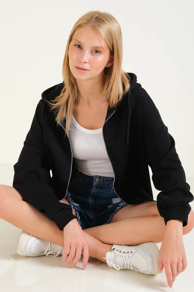 Kadın 3 İp Şardonlu Kapüşonlu Fermuarlı Oversize Sweatshirt Siyah - 5