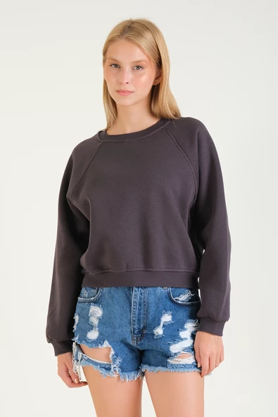 Kadın 3 İp Şardonlu Sıfır Yaka Oversize Sweatshirt Füme - 2