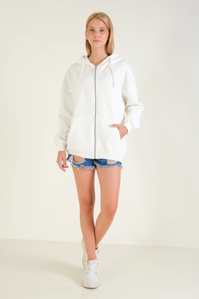 Kadın 3 İp Şardonlu Kapüşonlu Fermuarlı Oversize Sweatshirt Ekru - 2