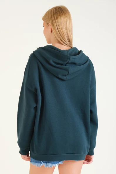Kadın 3 İp Şardonlu Kapüşonlu Fermuarlı Oversize Sweatshirt Yeşil - 6
