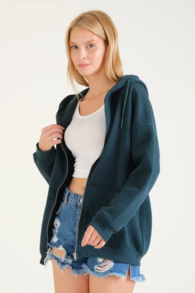 Kadın 3 İp Şardonlu Kapüşonlu Fermuarlı Oversize Sweatshirt Yeşil - 3