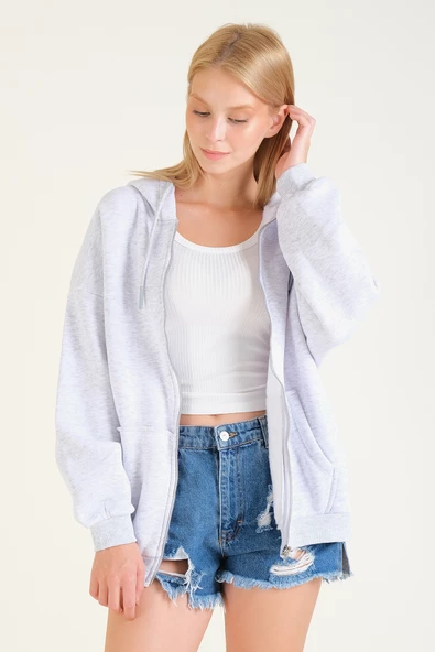 Kadın 3 İp Şardonlu Kapüşonlu Fermuarlı Oversize Sweatshirt Gri - 4