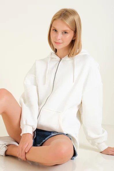 Kadın 3 İp Şardonlu Kapüşonlu Fermuarlı Oversize Sweatshirt Ekru
