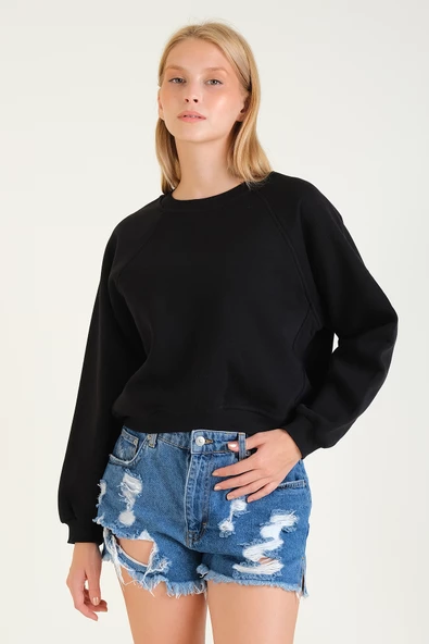 Kadın 3 İp Şardonlu Sıfır Yaka Oversize Sweatshirt Siyah - 2