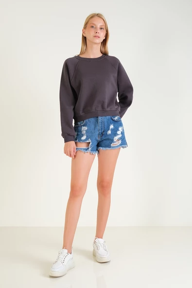 Kadın 3 İp Şardonlu Sıfır Yaka Oversize Sweatshirt Füme - 5
