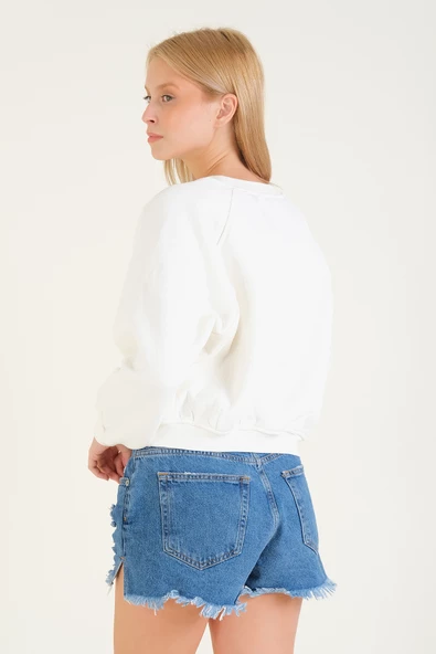 Kadın 3 İp Şardonlu Sıfır Yaka Oversize Sweatshirt Ekru - 6