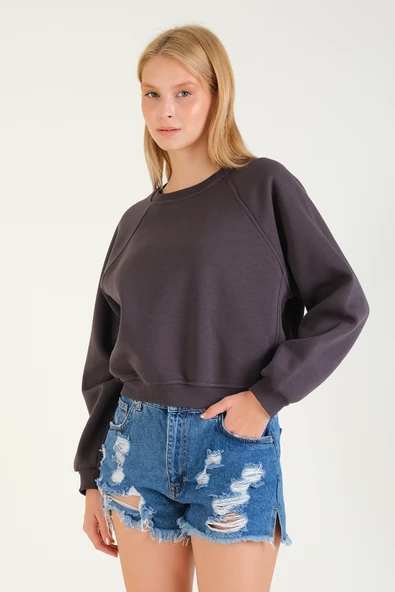 Kadın 3 İp Şardonlu Sıfır Yaka Oversize Sweatshirt Füme - 4