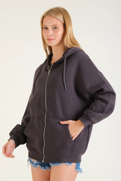 Kadın 3 İp Şardonlu Kapüşonlu Fermuarlı Oversize Sweatshirt Füme - 3