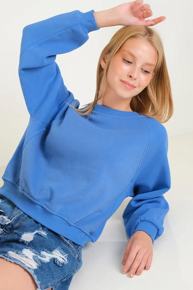 Kadın 3 İp Şardonlu Sıfır Yaka Oversize Sweatshirt Mavi - 2