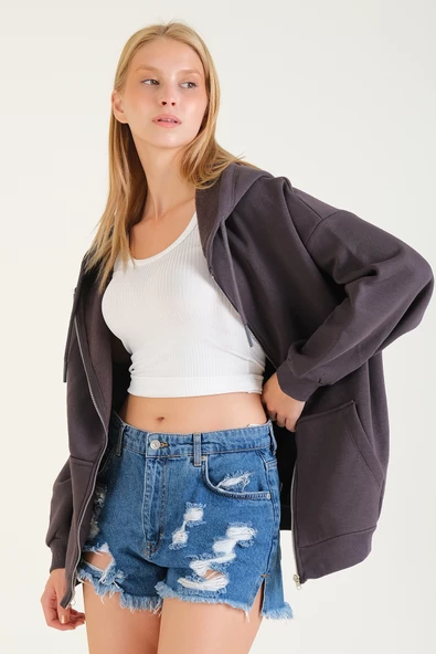 Kadın 3 İp Şardonlu Kapüşonlu Fermuarlı Oversize Sweatshirt Füme