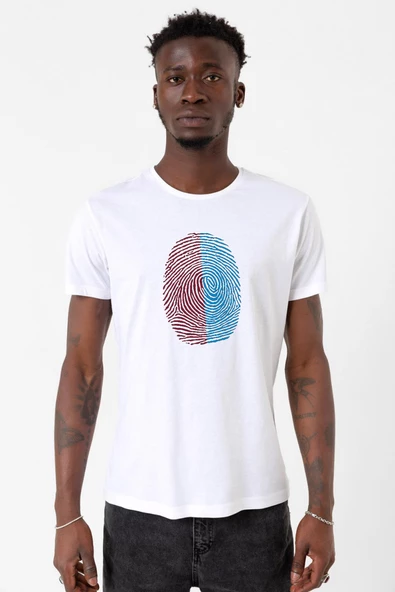 Bordo Mavi Parmak İzi Beyaz Erkek Bisikletyaka Tshirt