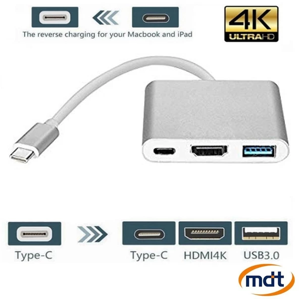 Technow 3'in 1 Type-C to Hdmi 4K USB 3.0 Çevirici Dönüştürücü Adaptör - Resim 2
