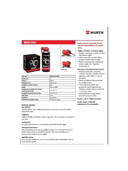 Würth Multi 5ın1 Çok Amaçlı Yağlama Temizleme Sprey 400ML - 2