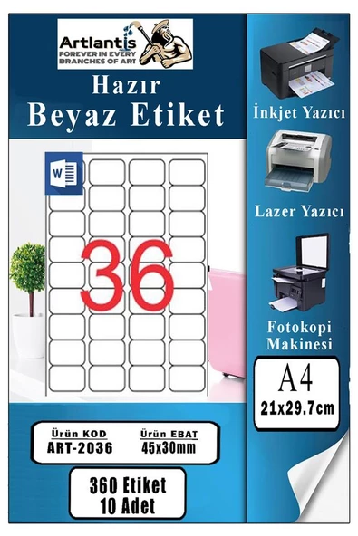 A4 Hazır Etiket 45x30 mm 10 Sayfa 1 Paket 36 lı Kendinden Yapışkanlı Fotokopi Lazer İnkjet Kağıdı Yazıcılar İçin Uyumlu