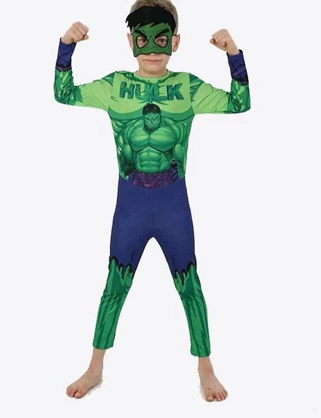 Yeşil Maskeli Baskılı Hulk Kostümü Çocuk Boy - Yeşil Dev Kostümü 11-12 Yaş