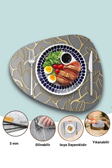 Valerine Life Gold Sarmaşık Yapraklı Amerikan Deri Kaymaz Yıkanabilir Gri Servis Altlığı 12 Parça 6 Kişilik - 3