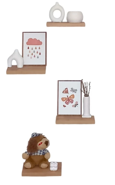 yankı-byeg 20 Cm Dörtlü Safir Meşe Mdf Uçan Mini Duvar Rafı Gizli Bağlantı Çiçeklik
