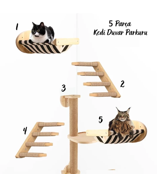 5 Parça Kedi Tırmalama Parçası, Kedi Parkuru, Kedi Evi, Kedi Yatağı, Kedi Duvar Evi, Kedi Duvar Rafı, Lüks %100 Doğal - 2