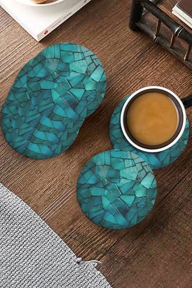 Valerine Life Turkuaz Doğal Taşlar Yıkanabilir Kaymaz Ofis Çay ve Fincan Bardak Altlığı 10x10cm 6 Adet - 3