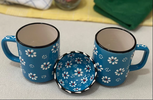 Papatya Desen 2 li El işleme Çay Kahve Kupa Ve 1 adet Lokumluk Kase - 3