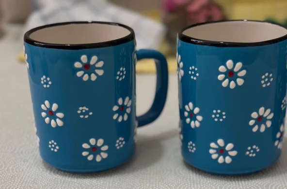 Papatya Desen 2 li El işleme Çay Kahve Kupa Ve 1 adet Lokumluk Kase - 2