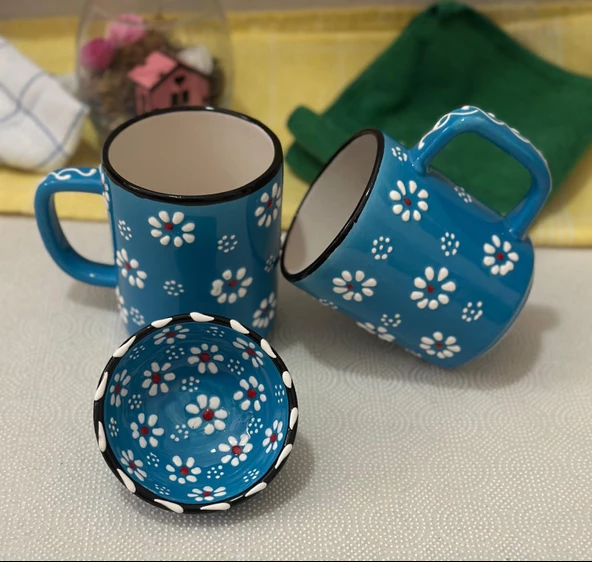 Papatya Desen 2 li El işleme Çay Kahve Kupa Ve 1 adet Lokumluk Kase - 7