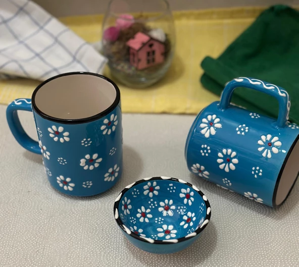 Papatya Desen 2 li El işleme Çay Kahve Kupa Ve 1 adet Lokumluk Kase - 6