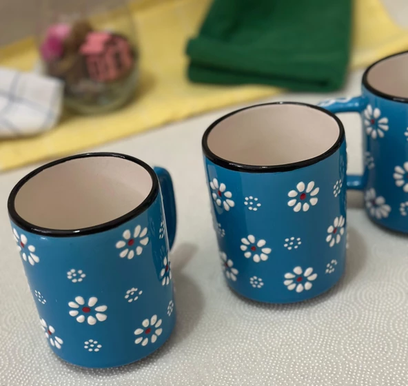 Papatya Desen 2 li El işleme Çay Kahve Kupa Ve 1 adet Lokumluk Kase - 9