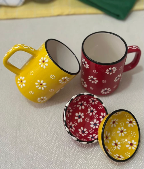 Papatya İşlemeli 2 li Çay Kahve Kupa ve 2 adet Lokumluk Kase Sarı/Kırmızı - 5