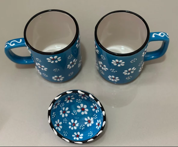 Papatya Desen 2 li El işleme Çay Kahve Kupa Ve 1 adet Lokumluk Kase - 8