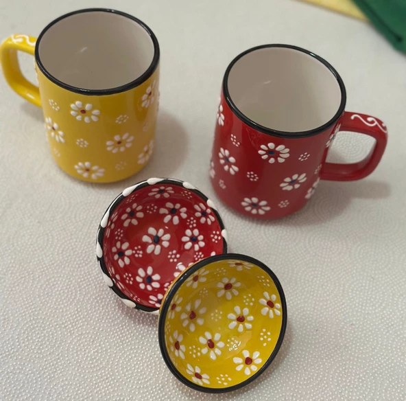 Papatya İşlemeli 2 li Çay Kahve Kupa ve 2 adet Lokumluk Kase Sarı/Kırmızı - 4