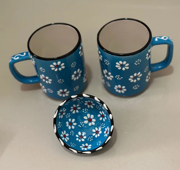 Papatya Desen 2 li El işleme Çay Kahve Kupa Ve 1 adet Lokumluk Kase - 10