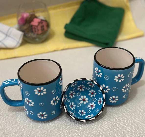 Papatya Desen 2 li El işleme Çay Kahve Kupa Ve 1 adet Lokumluk Kase - 5