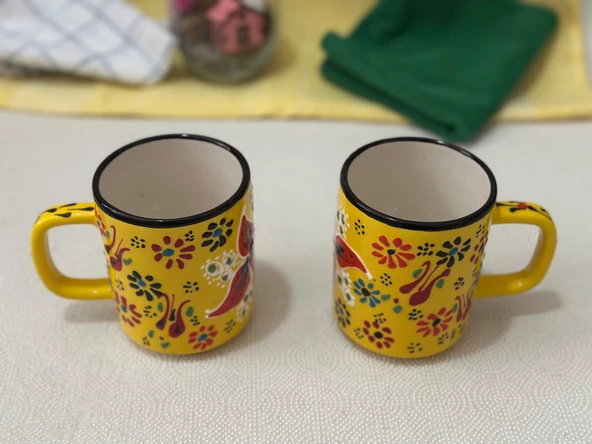 Çini El İşlemeli Seramik Sarı Dantel Desen Kupa Bardak - 2 adet - 2