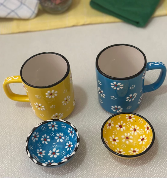 Papatya Çiçek 2 li Çay Kahve Sarı-Mavi Kupa ve 2 Adet Lokumluk Kase - 2