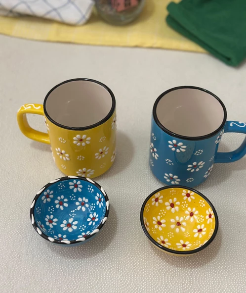 Papatya Çiçek 2 li Çay Kahve Sarı-Mavi Kupa ve 2 Adet Lokumluk Kase - 3