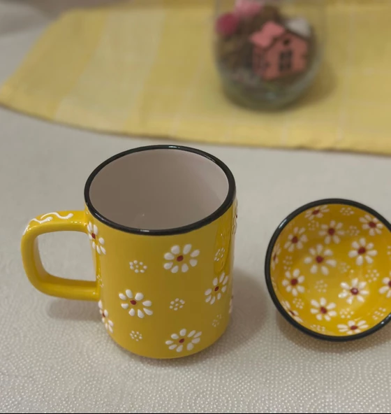 Papatya Desen Sarı Çay Kahve Kupa Lokumluk Kase - 1 adet - 8