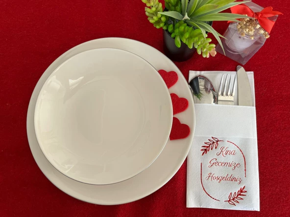 Kırmızı Yaldızlı Beyaz Çerçeveli Kına Gecemize Hoşgeldiniz Cepli Peçete 12 Adet 40x40 ürün görseli 1