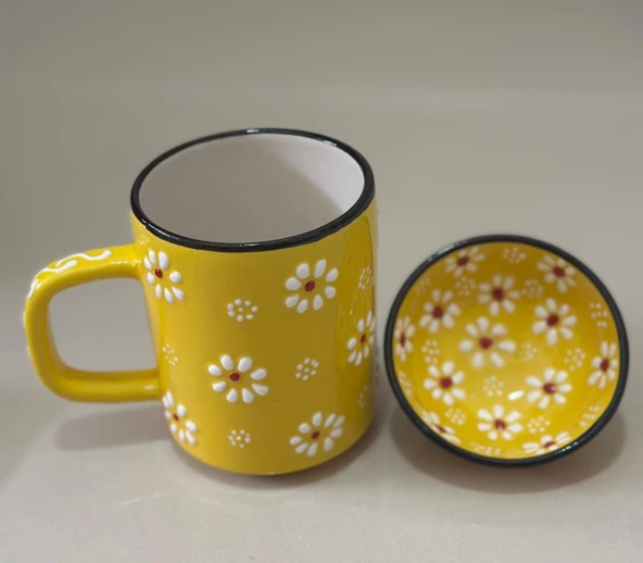 Papatya Desen Sarı Çay Kahve Kupa Lokumluk Kase - 1 adet - 7