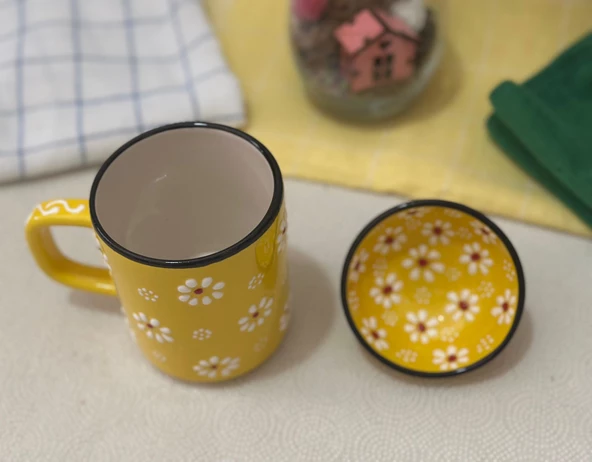 Papatya Desen Sarı Çay Kahve Kupa Lokumluk Kase - 1 adet - 2