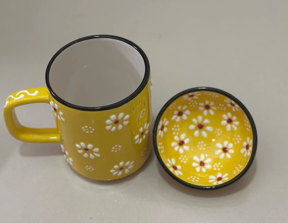 Papatya Desen Sarı Çay Kahve Kupa Lokumluk Kase - 1 adet - 6