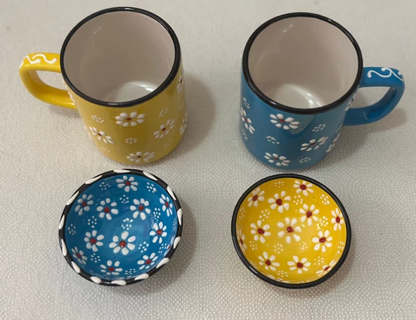 Papatya Çiçek 2 li Çay Kahve Sarı-Mavi Kupa ve 2 Adet Lokumluk Kase - 4