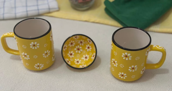Papatya Çiçek Desen 2 li Çay Kahve Kupa Lokumluk Sarı Kase - 4