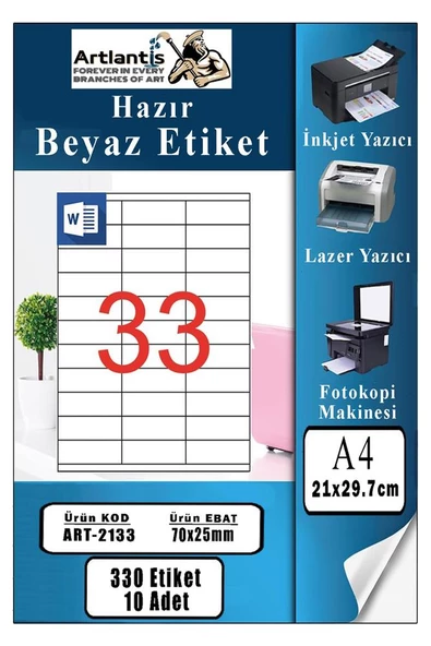 A4 Hazır Etiket 70x25 mm 10 Sayfa 1 Paket 33 lü Kendinden Yapışkanlı Fotokopi Lazer İnkjet Kağıdı Yazıcılar İçin Uyumlu