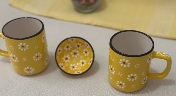 Papatya Çiçek Desen 2 li Çay Kahve Kupa Lokumluk Sarı Kase - 3