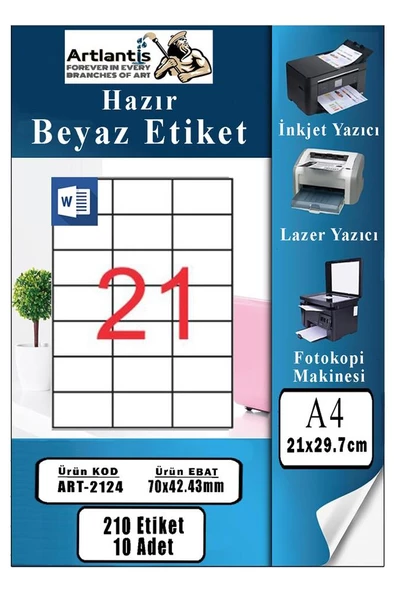 A4 Hazır Etiket 70x42 mm 10 Sayfa 1 Paket 21 li Kendinden Yapışkanlı Fotokopi Lazer İnkjet Kağıdı Yazıcılar İçin Uyumlu
